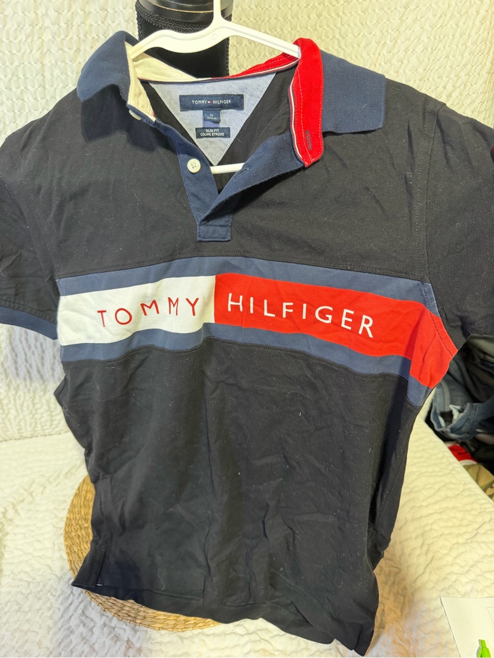 Tommy Hilfiger Navy Polo with Red and White Chest Stripe slim
